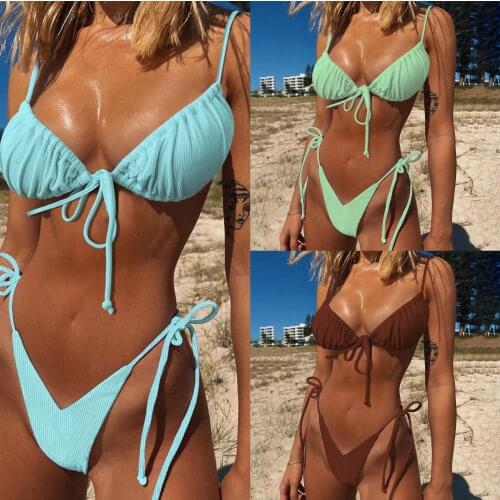 Sexy Solid Triangle Bikini Swimwear Women Bandage Backless Two Pieces Brazilian Swimsuit Women Beachwear Biquini Set