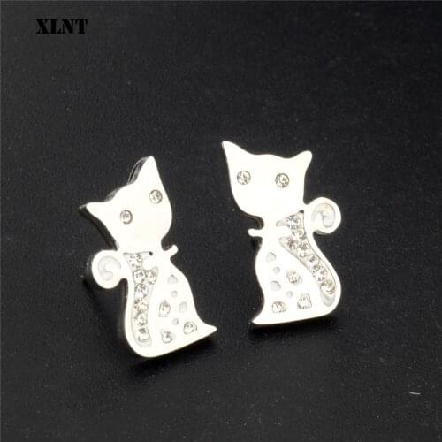 XLNT Stainless Steel Animals Crystal Cat Stud Earrings For Women Girls Female Wedding Fashion Jewelry
