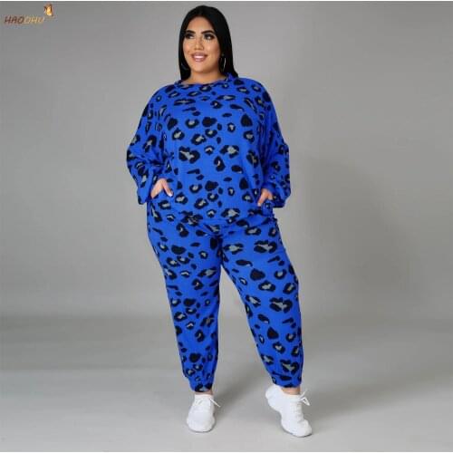HAOOHU Womens Clothes Plus Size Sets 2 Piece 2021 Autumn O-Neck Long Sleeve Leopard Print Loose Sweater Casual Home Suits Urban