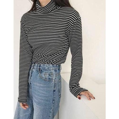2020 Winter Turtleneck Warm T-shirt Women Casual Long Sleeve Casual Black White Striped T-shirts Female Thicken Plus Velvet Tops