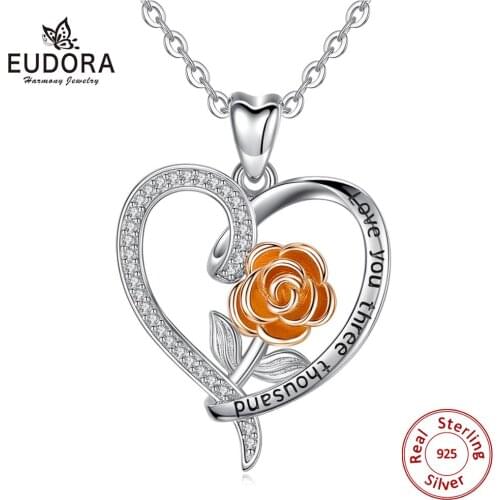 Eudora 925 sterling silver Champagne gold rose Pendant Necklace with AAA Cubic Zirconia Fashion Flower Jewelry For Women D463-2