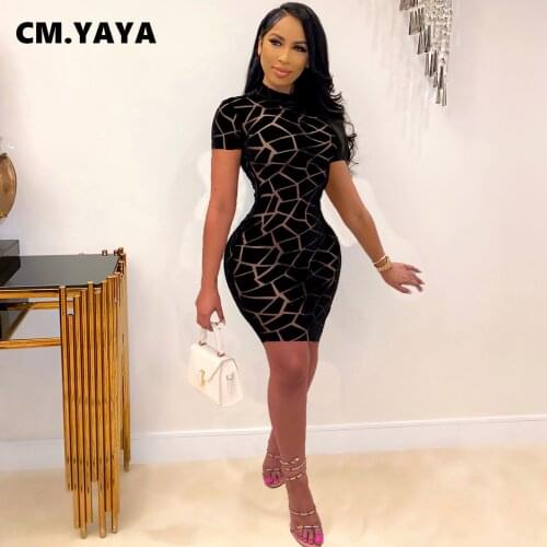 CM.YAYA Women Mesh Print See Though Bodycon Midi Mini Dress Sexy Club Party Short Sleeve Pencil Dresses