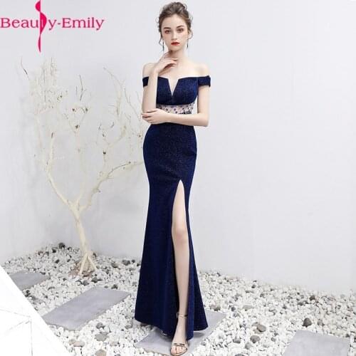 Sexy Sequined Lace Off the Shoulder Mermaid Evening Dress 2020 Sexy V-Neck Sleeveless Illusion Back Long Side Split Party Dress