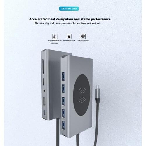 13 in 1 USB-C to HDMI-compatible/VGA/PD/USB 3.0 Hub Wireless Fast Charging Dock Station