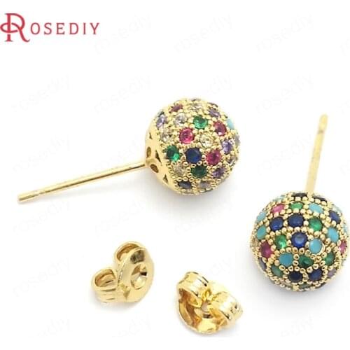37859)4PCS Ball 8MM 24K Gold Color Brass and Zircon Ball Stud Earrings Pins Jewelry Making Supplies Diy Findings Accessories