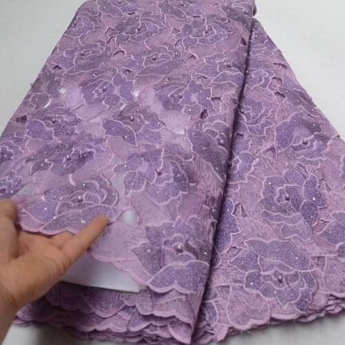 5yards/pc) High quality lilac purple African organza lace fabric handcut lace fabric with embroidery and beads for party CLP318