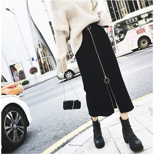 Ring Zipper High Waist Black Slimming Sheath Dress Spring and Autumn Knitted Skirt Midi Skirt