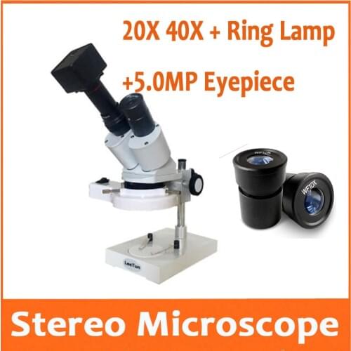 20X 40X Electronic metallography Board Phone Repair Binocular Stereo Microscope with Ring Lamp and 5.0MP Digital Eyepiece Lens