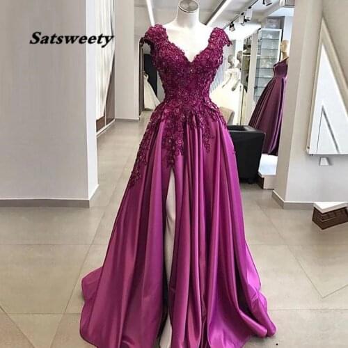 Purple High Slit Lace Evening Dresses A Line Appliqued Beaded Satin Plus Size Prom Gowns Women Formal Party Gowns