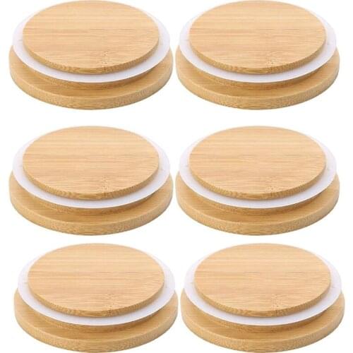 LBER 6 Pack 8.6 x 7cm Wooden Mason Jar Lids, Reusable Bamboo Mason Canning Lids Compatible with Wide Mouth Mason Jar Canning Jar
