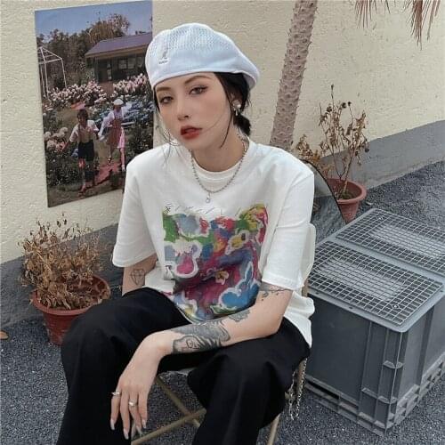 Summer college style graffiti printing half-sleeved mid-length loose cotton T-shirt all-match casual women