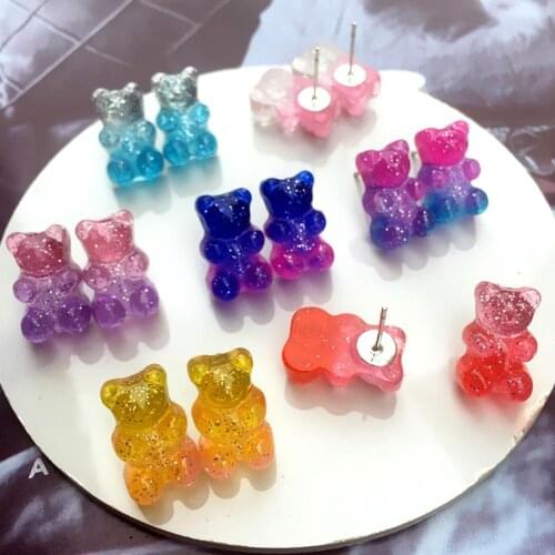 Fashion Women Candy Color Cartoon Gummy Bear Ear Stud Earrings Cute Funny Transparent Earring Jewelry Decor Accessory Gift