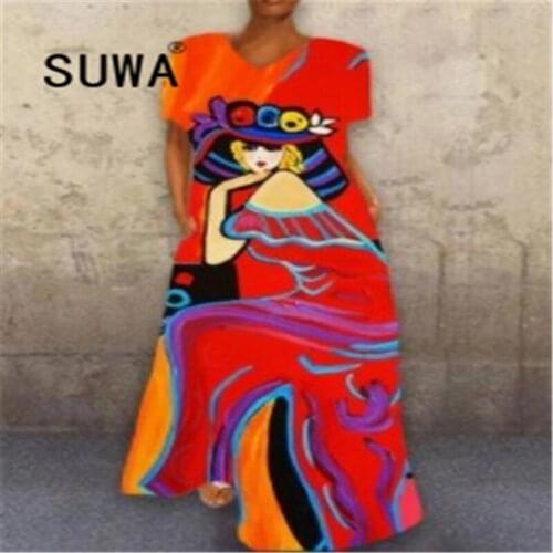 Trendy Chic Peking Opera Facial Makeup Painting Long Maxi Dresses For Women Casual Elegant French Style Party Robe Wholesale