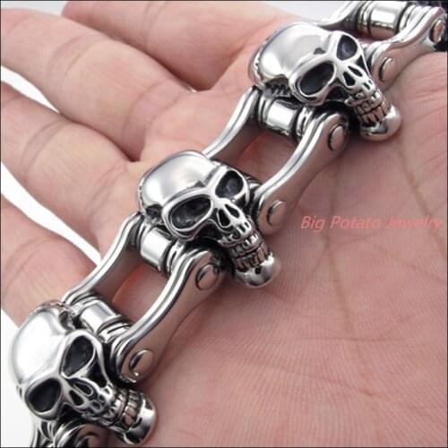 Cool 316L Stainless Steel Silver Color Skull Skeleton Biker Jewelry Mens Boys Branelets Bangle High Quality Huge Heavy