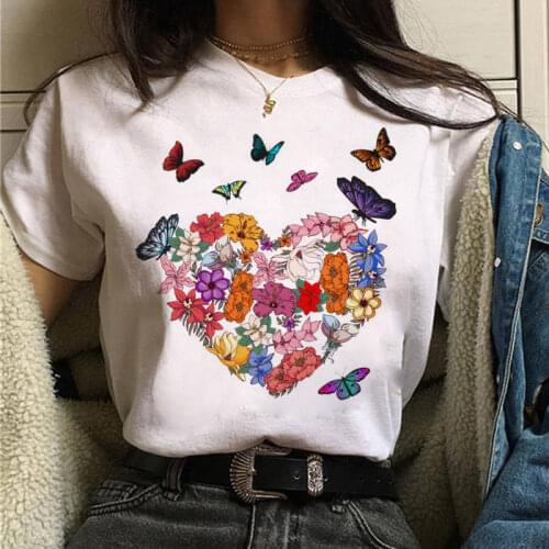 New Fashion Women T Shirt Butterfly Heart Printed Tee Top Female Casual Cute Tees Woman Graphic T-shirt Summer Short Sleeve Tops