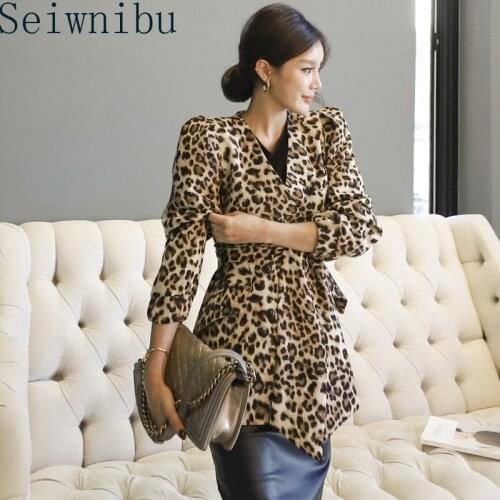 New women vintage leopard print blazer Korean office ladies double-breaste sashes causal stylish outwear suit coat tops