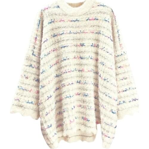 PERHAPS U White Striped Knitted Sweater Dress Loose Long Sleeve Mini Short Winter Autumn O Collar D1352