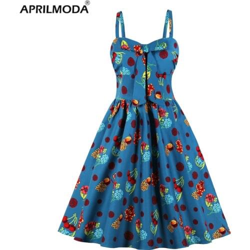 Cherry Print Spaghetti Strap Sexy Summer Dress Retro Sweet Travel A Line 2020 Vintage Floral Pin Up Big Swing Rockabilly Vestido