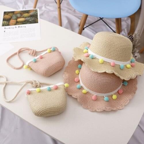 Kids Girls Wide Brim Straw Hat Sun Protection Beach Hat Lovely Colorful Pompom Ball Summer Floppy Bucket Cap Portable Handbag