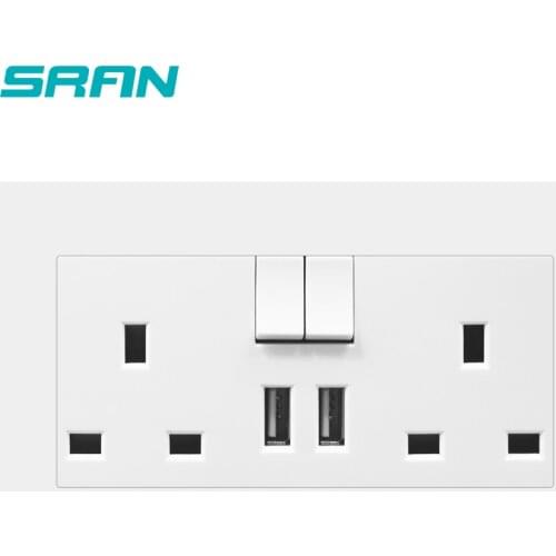 SRAN double UK power socket,socket with usb 5v 2.1A,switch with on/off led PC panel 146mm*86mm dual 13A 3pin socket