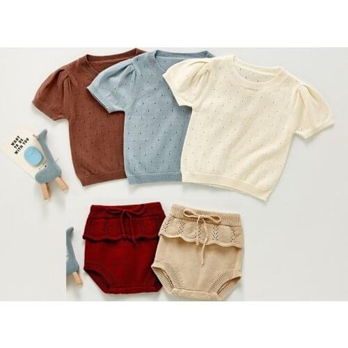 Knitted Baby Clothes Summer Baby T-shirt Shorts Cotton Hollow Baby Girls Boys Clothes Short Sleeve Baby Outfits Toddler Clothing