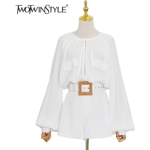 TWOTWINSTYLE Casual Playsuits For Women High Waist Sashses Loose Colorblock Lace Up Wide Leg Pant Female 2021 Summer Clothes New