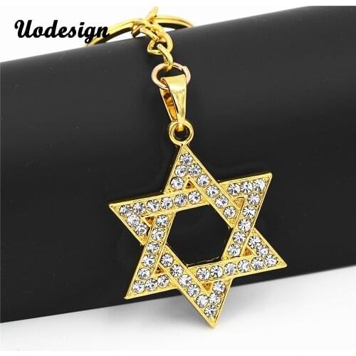 Uodesign Hip Hop Gold Crystal Full Rhinestone Alloy Iced Out Bling Magen Star of David Pendants Keychain Keyring for Men