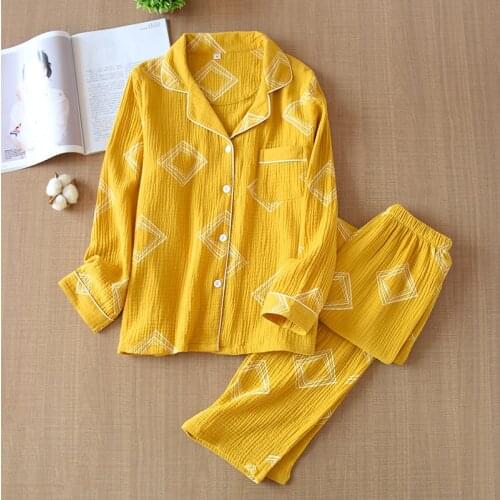 Spring Women Cotton Crepe Pajamas Long Sleeve Long Pants Pyjama Turn-down Collar Gauze Loose Pijama Mujer Home 2 Piece Sleepwear