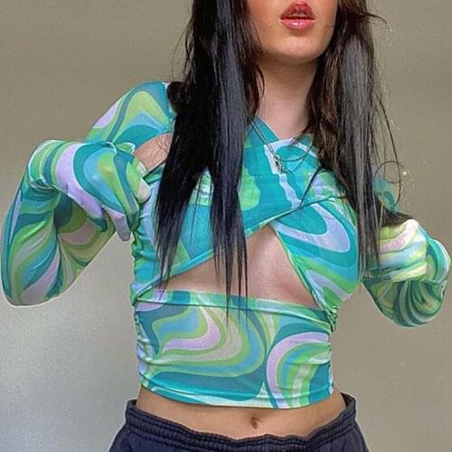 SEASONS Summer Vintage Ripple Print Crop Tops 90s Fashion Criss-Cross Hollow Out Long Sleeve Green T-shirts Slim 2021 ASTS82891