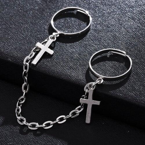 Japanese and Korean Hipster Punk Suit Combination Exaggerated Domineering Two-finger Conjoined Chain Open Ring Jewelry Neutral