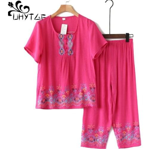 UHYTGF Womens Pajamas Cotton Linen Comfortable Summer Sleepwear Female Home Clothes Thin Nightgown Plus Size Two-Piece Set 1532