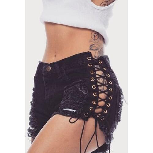 2021 New Summer Fashion Cutting Hot Pants with Holes and Side Straps Street Trend Sexy Hollowing Out Tear Shorts Ladies Shorts
