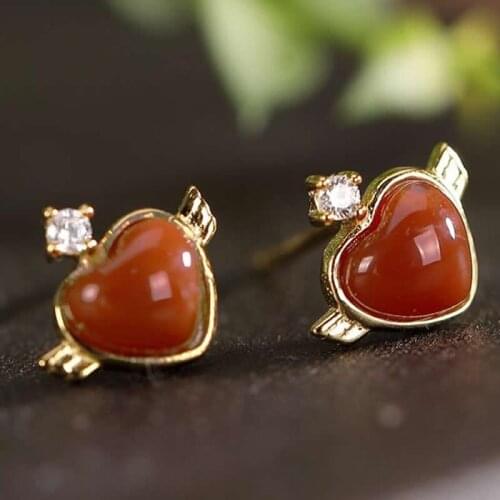 New Arrival Pure S925 Silver Earrings Women Red Agate Heart Stud Earrings