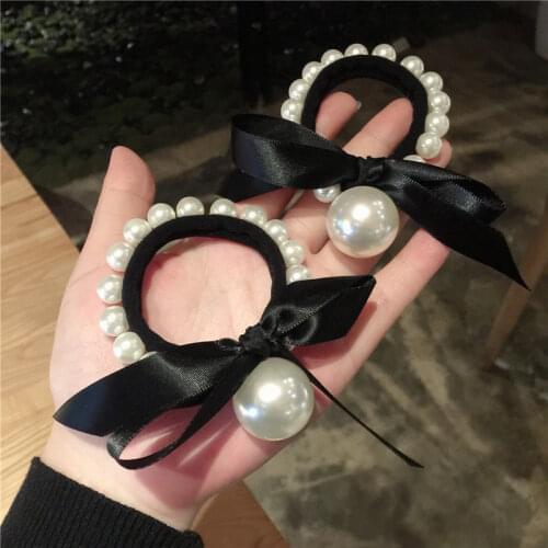 1 Pcs Woman Fashion Grace Bow Clip Pearl Elastic Force Hair Ring Net Red Tie Hair Rubber Band Ins Hair Jewelry
