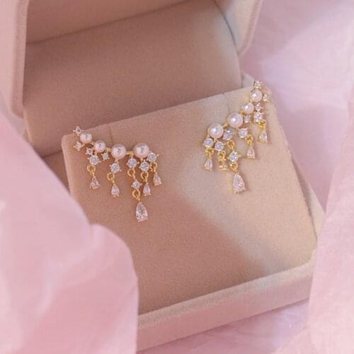 14k Real Gold Fashion Jewelry Pearl Zircon Tassel Exquisite Earrings for Woman Earrings Shine Holiday Daily Luxury Earring