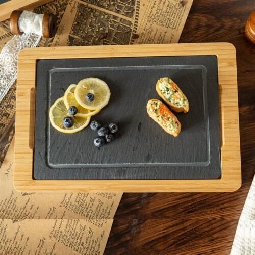 Bamboo Frame Slate Cheese Board Slate Plates Rectangular Bread Cake Stand Slate Bamboo Dinner Plates