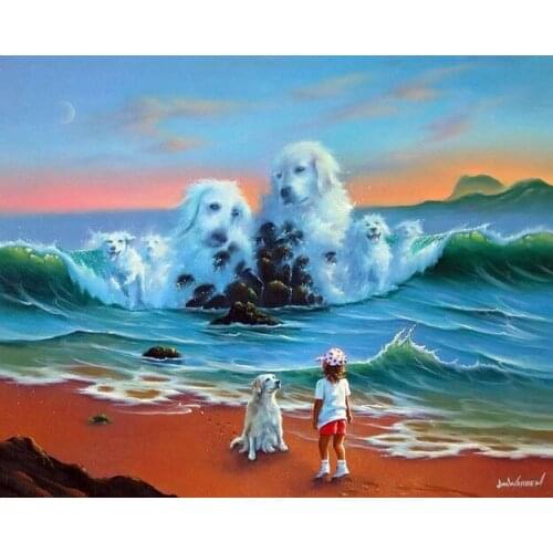 Free shipping abstract cartoon dogs boy seascape oil painting canvas prints printed on canvas wall art decoration picture