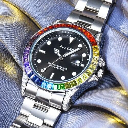 PLADEN Mens Silver Quartz Watches Luxury AAA Color Wristwatch Square Diamond Anti-Shock Cool Luminous Clock Sport Modern Montre