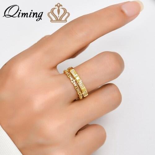 QIMING Exquisite Temperament Ring Women Korean Style Simple Zircon Crystal Opening Ring Ladies Wedding Jewelry Gift