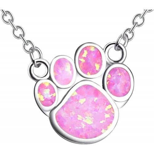 Fashion Pink Opal Foot Pendant Necklaces Silver Color Baby Footprint Metal Chian Necklace Women Girls Boho Charm Jewelry 2021