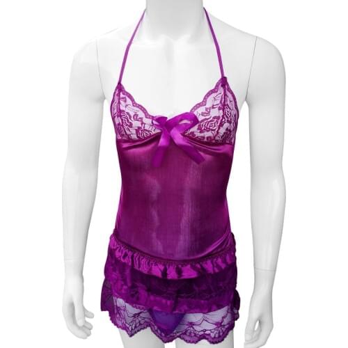 Men Sexy Lace Dress With Thong Gay Sissy Lingerie Set Satin Backless Sleepwear Nightwear Bedtime Girly Temptation Crossdress