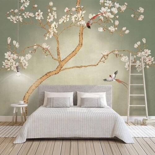 Custom Mural 3D Chinese Style Hand Painted Flowers Birds Wall Decoration Painting Waterproof Wallpapers For Living Room Bedroom