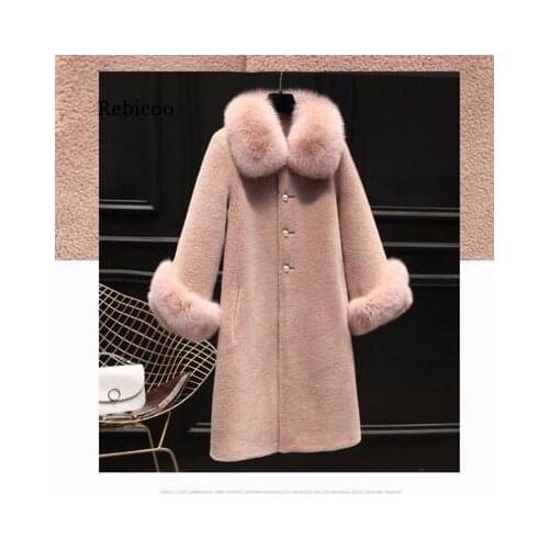 New Korean Fashion Autumn Winter Woolen Coat Womens Clothing Loose Lmitation Fox Fur Collar Mid-Length Woolen Jacket Female