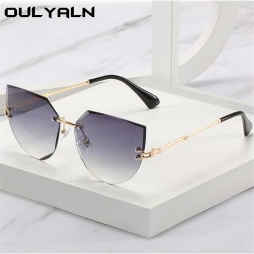 Oulylan 2021 Rimless Cat Eye Sunglasses Women Luxury Brand Design Metal Sun Glasses Fashion Lady Shades UV400 Trimming Eyewear