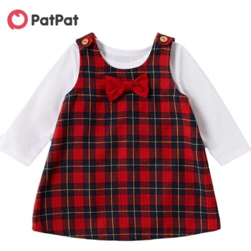 PatPat New Arrival 2021 Spring and Autumn 2-piece Baby Toddler Solid Top and Plaid Bowknot Decor Dress Set Babys Clothing