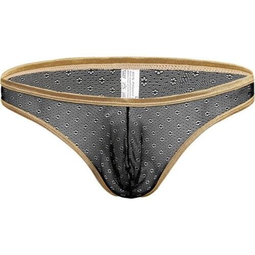 Sexy Low Waist Mens U Pouch G-Strings And Thongs Underwear Fashion Male Breathable Lace Jockstrap Golden Side T Back Panties