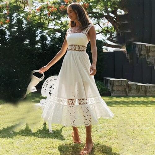Summer Hollow Out Lace Midi Dress Women White High Waist Ruffle Backless Slip Dresses Female 2021 Boho Fashion Ladies Vestidos