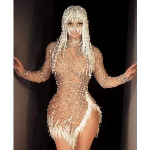 Rhinestone Pearls Mesh Perspective Party Dress Women Sexy High Slit Birthday Prom Bodycon Dress Nightclub Dancer Stage Costumes
