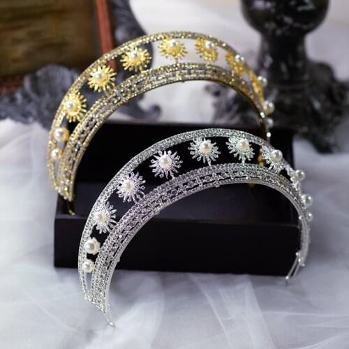 Vintage Princess Gold Diadem Queen Headpieces Pearls Bridal Crowns Tiara Bride Headband Wedding Hair Accessories