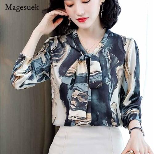 Plus Size Bow Tie Pullover Vintage Blouse Women Elegant Long Sleeve Silk Shirt Ladies 2020 Early Autumn Print Loose Tops 12055
